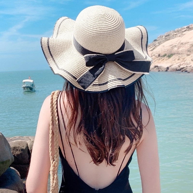 Women's Sweet Pastoral Color Block Bowknot Side Of Fungus Straw Hat