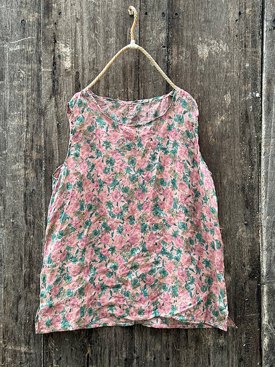 Women Summer Vintage Floral O-Neck Ramie Vest