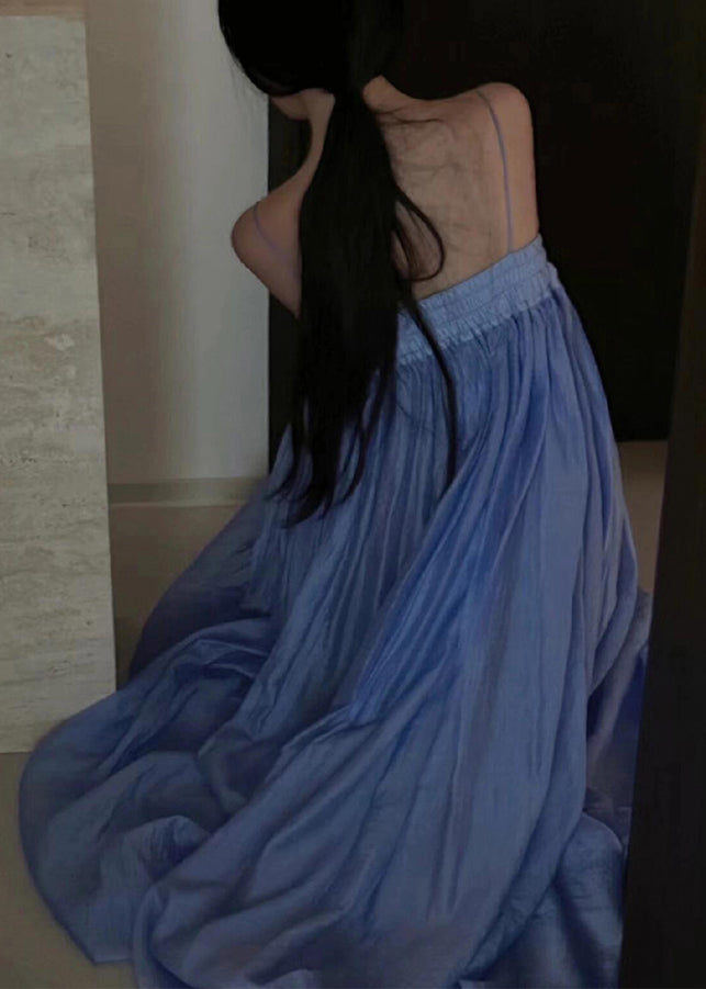 Simple Blue Backless Wrinkled Cotton Spaghetti Strap Dress Sleeveless