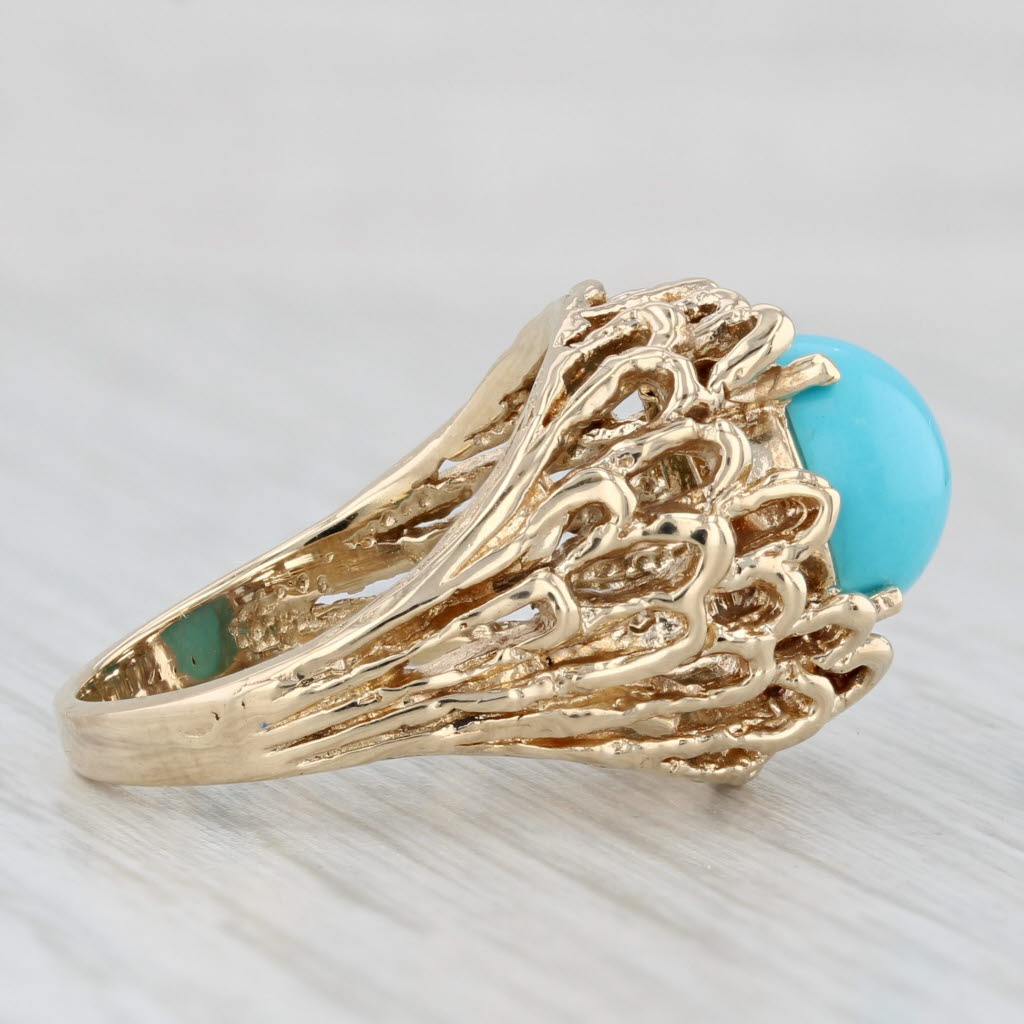 Simulated Turquoise Ring 14k Gold Round Cabochon Size 6.5 Ornate Openwork