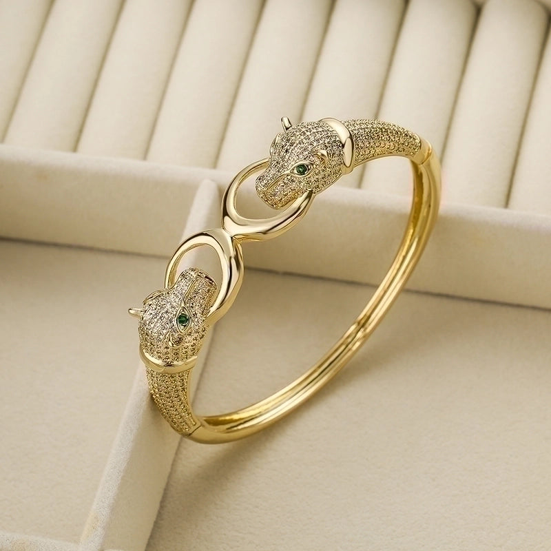 2 Pieces Hip-hop Leopard Copper 18k Gold Plated Pearl Zircon Bangle In Bulk