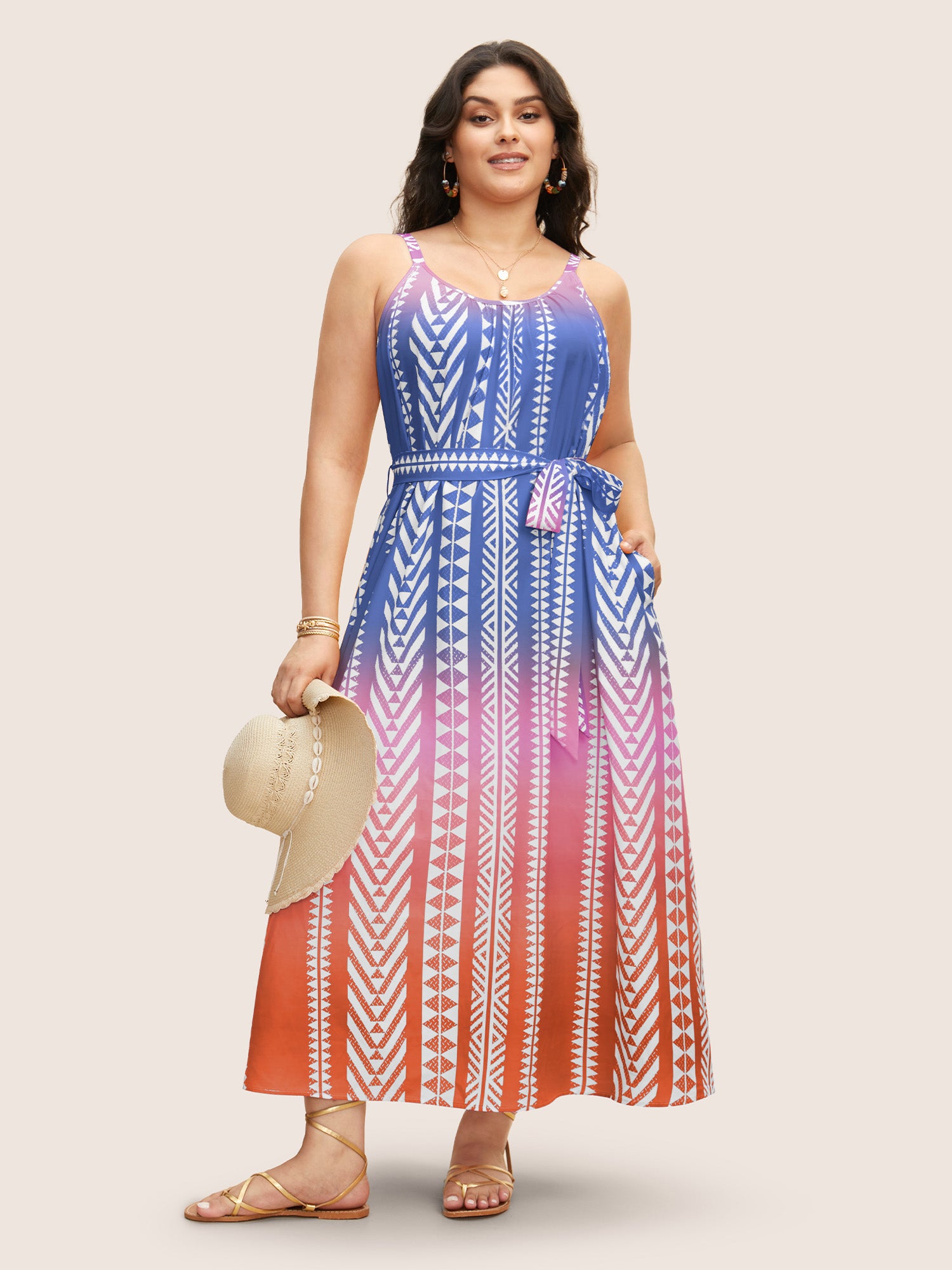 Ombre Contrast Geometric Belted Maxi Dress