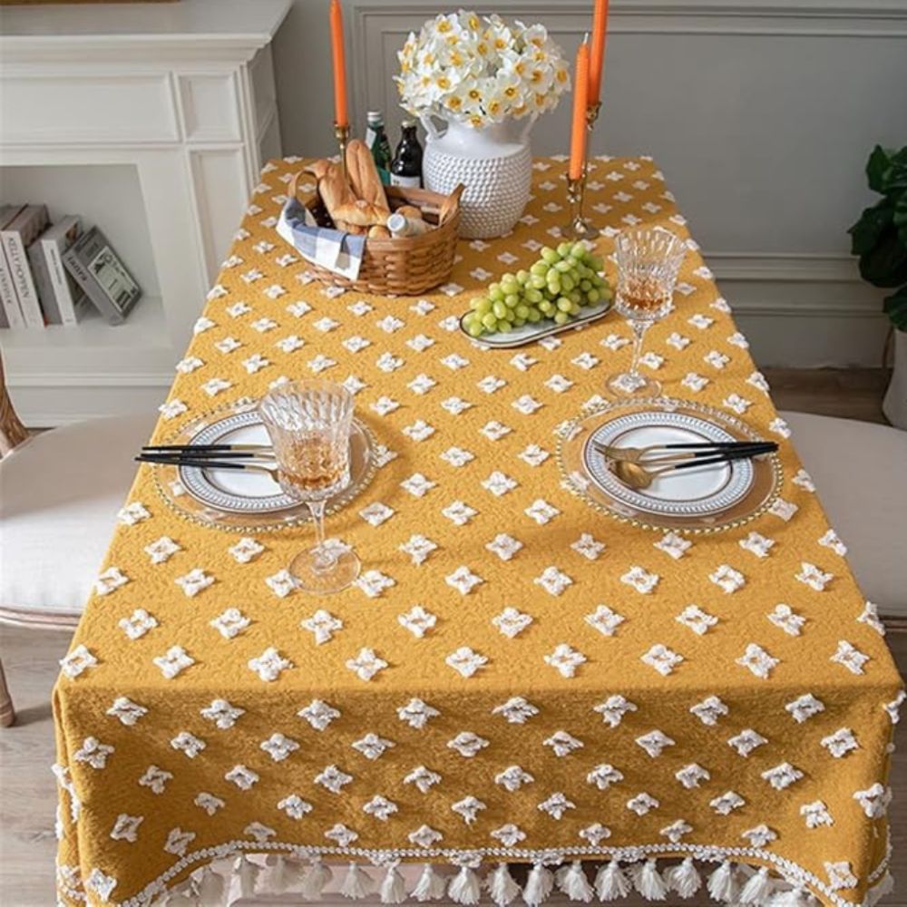 Versatile Yellow Embroidered Tassel Tablecloth