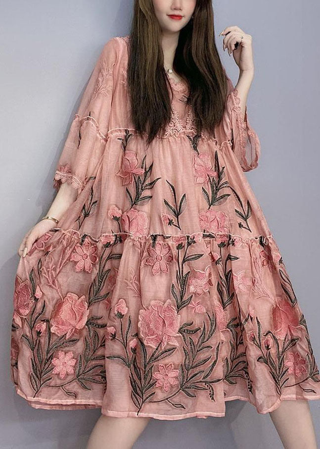 Handmade Pink Embroidered Ruffled Patchwork Robe Dresses Bracelet Sleeve