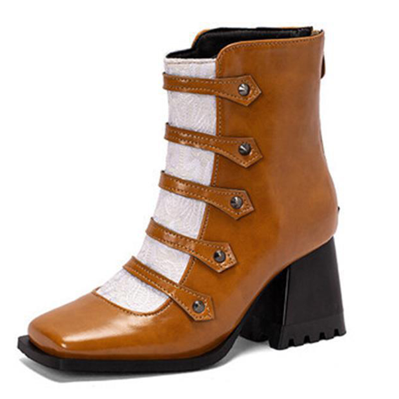 Colorblock Button Decor Square Toe Chunky Heels Ankle Boots