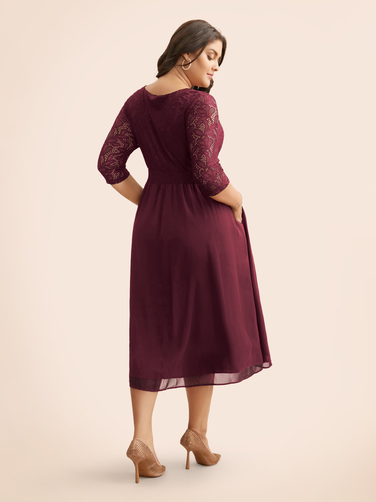 Lace Patchwork Shirred Midi Pocket Dress