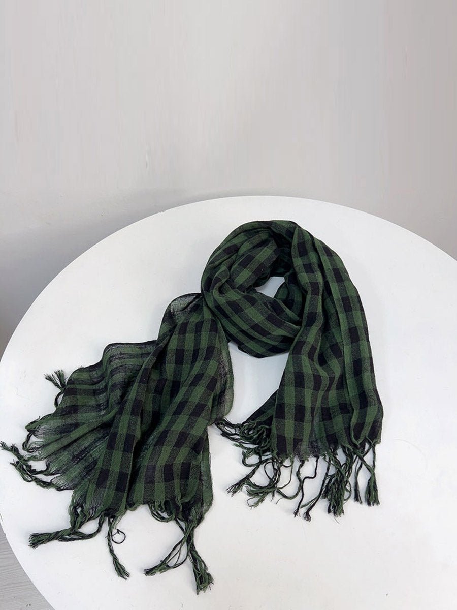 Women Vintage Colorblock Stripe Tassel Cotton Linen Scarf