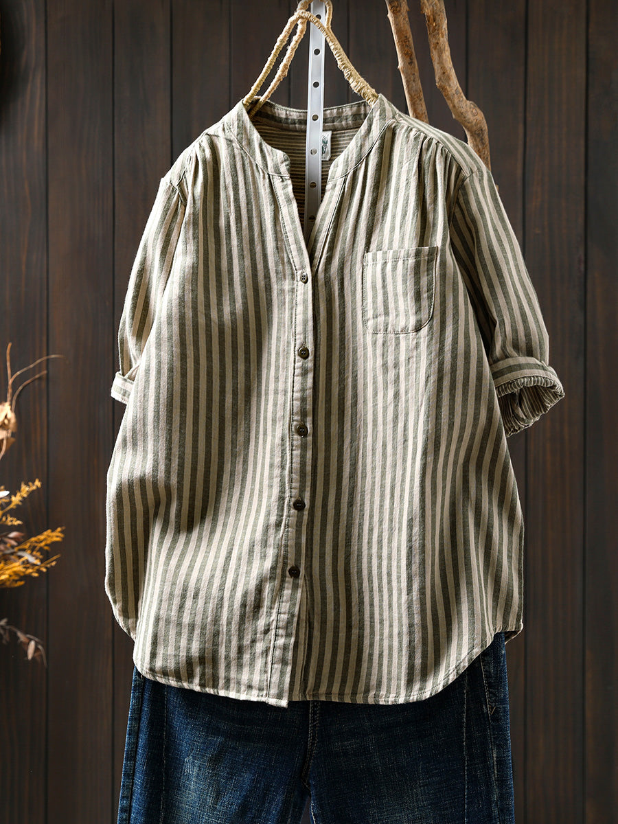 Women Summer Casual Stripe V-Neck 100%Cotton Shirt