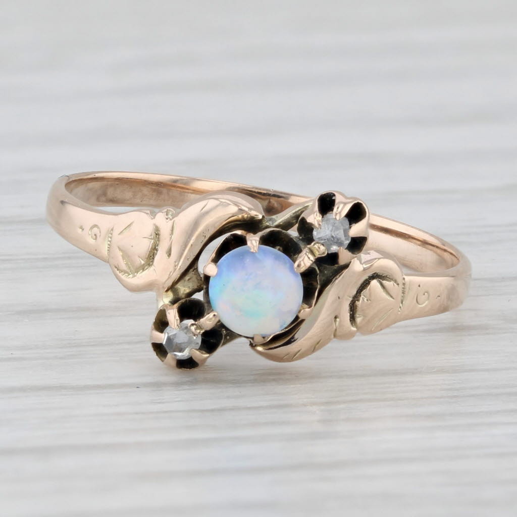 Antique Diamond Opal Bypass Ring 10K Yellow Gold Size 6.5