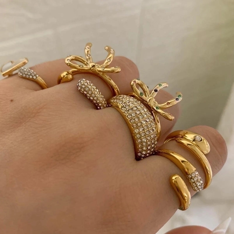 Casual Modern Style Heart Shape Bow Knot 316 Stainless Steel  Shell Diamond 16K Gold Plated White Gold Plated Gold Plated Inlay Stainless Steel Rings