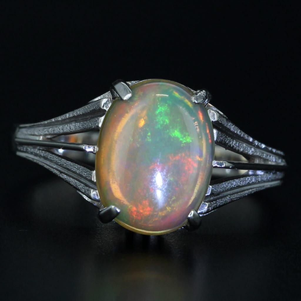 Rainbow Yellow Opal Solitaire Ring 14k White Gold Size 6.25