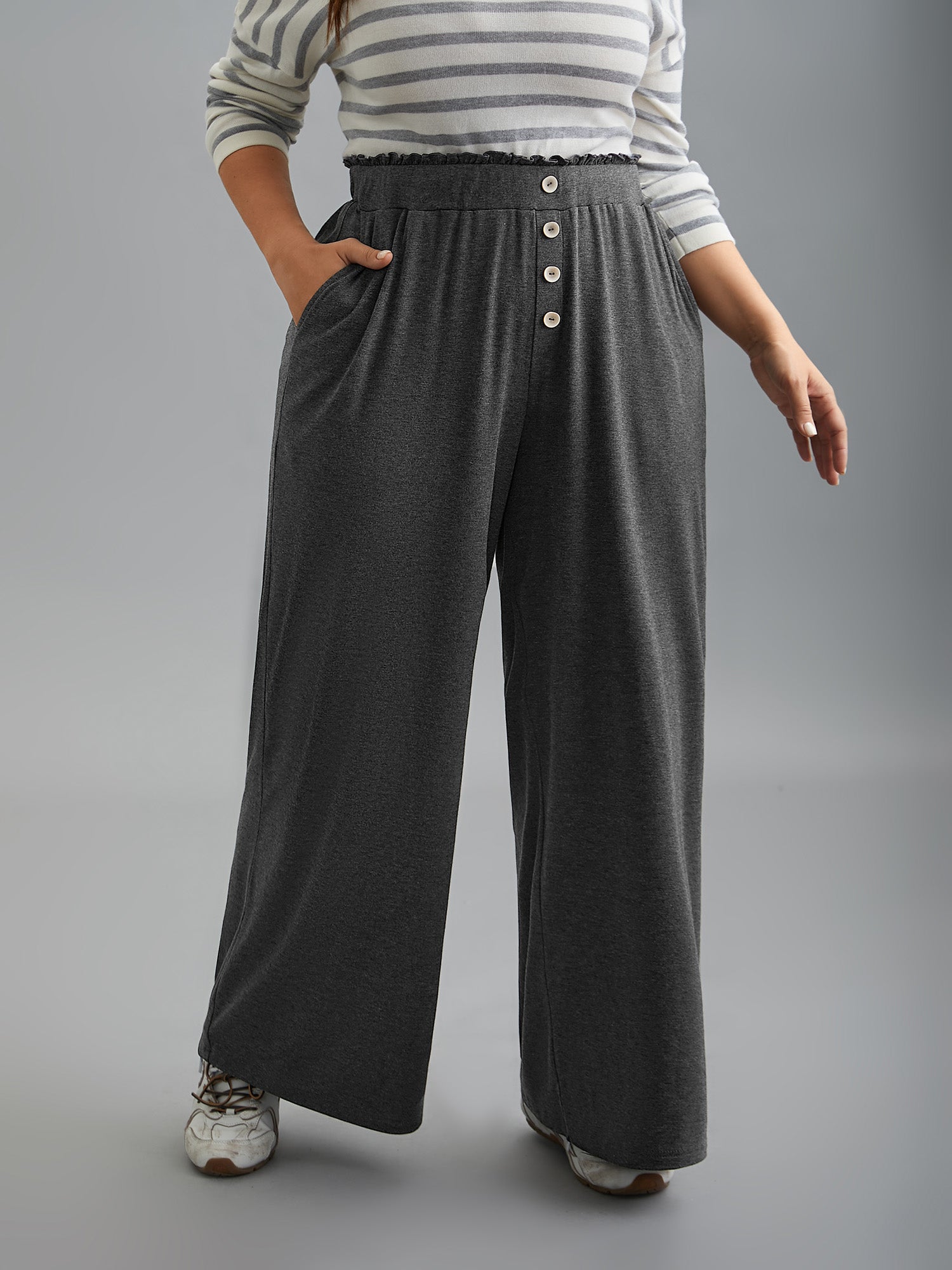 Button-Front Ruffled Waist Stretchy Pants