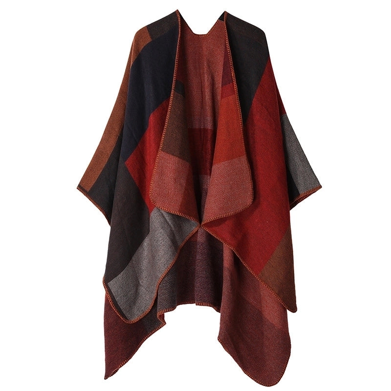 Winter Cashmere Double-sided Plaid Shawl Women's Outer Cape Increased Thickness Warm Knitted Scarf Spot