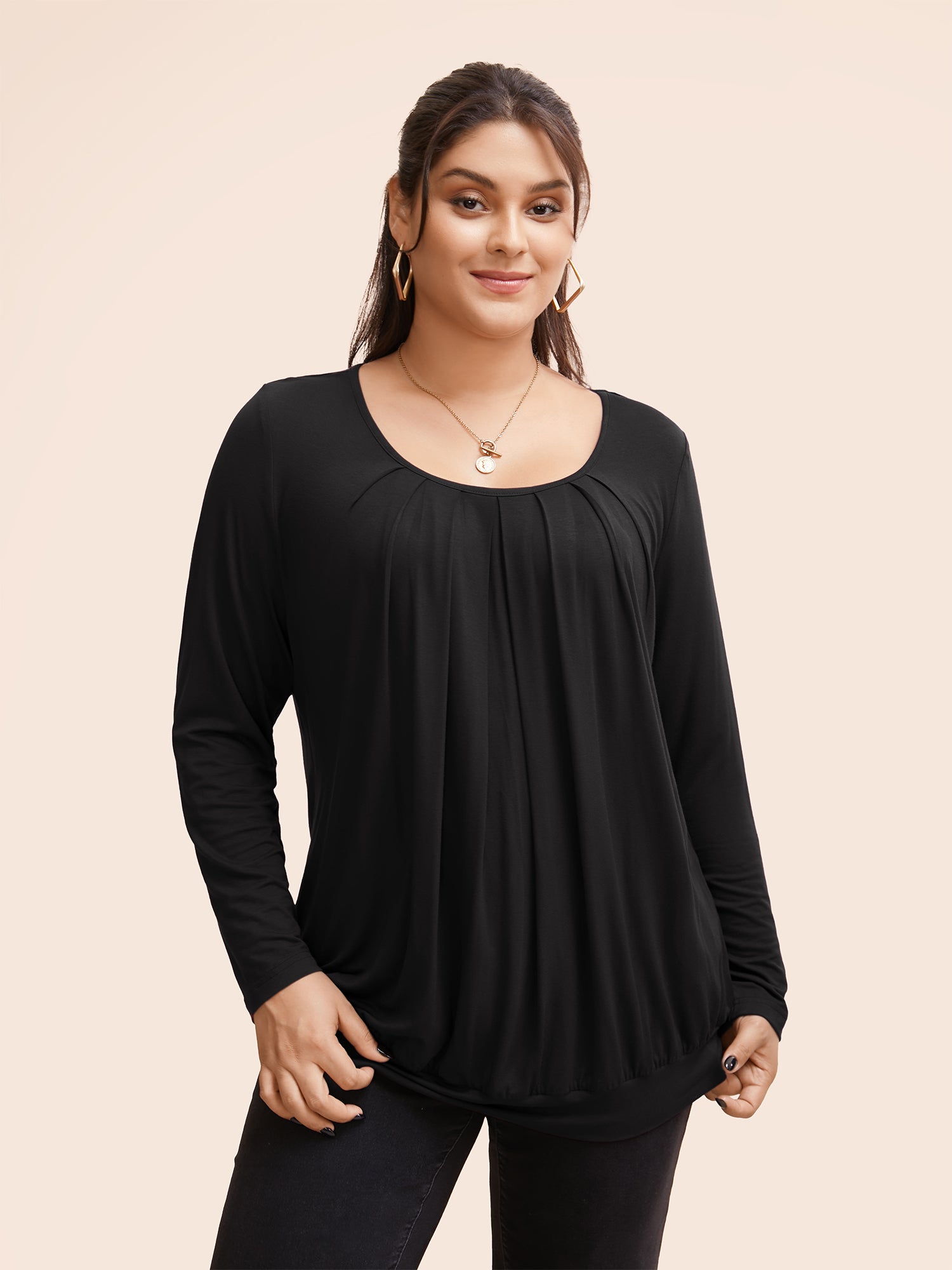 Plain Pleated Round Neck T-shirt