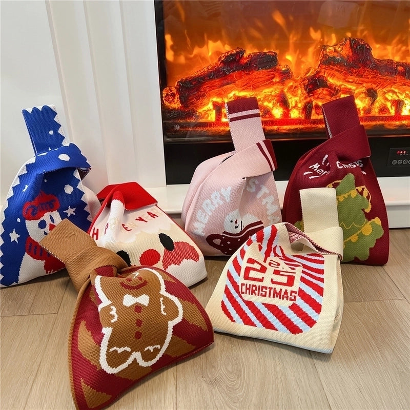 Christmas Women's Small Knit Christmas Tree Santa Claus Cute Square Open Handbag