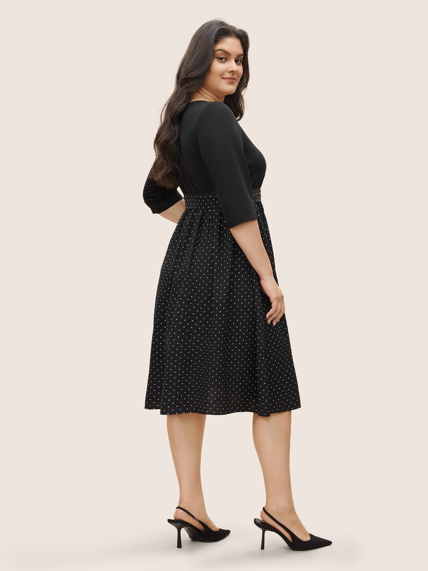 Polka Dot Patchwork Belted Square Neck Dress