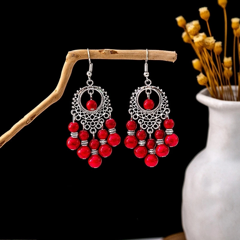 Bohemian Blue Turquoise National Style Earrings Imitation Miao Silver Metal Earrings Vintage Tassel Earrings
