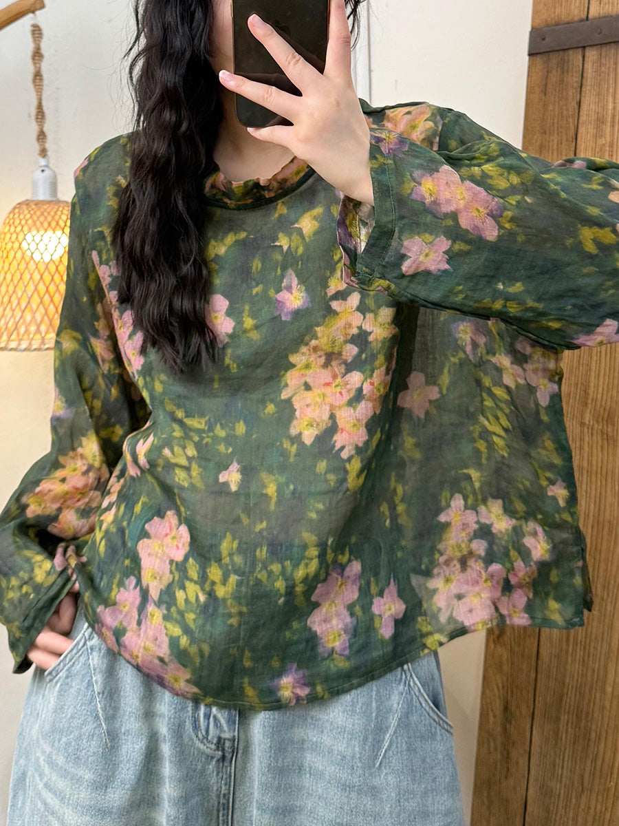 Women Summer Retro Flower Stand Collar Ramie Shirt