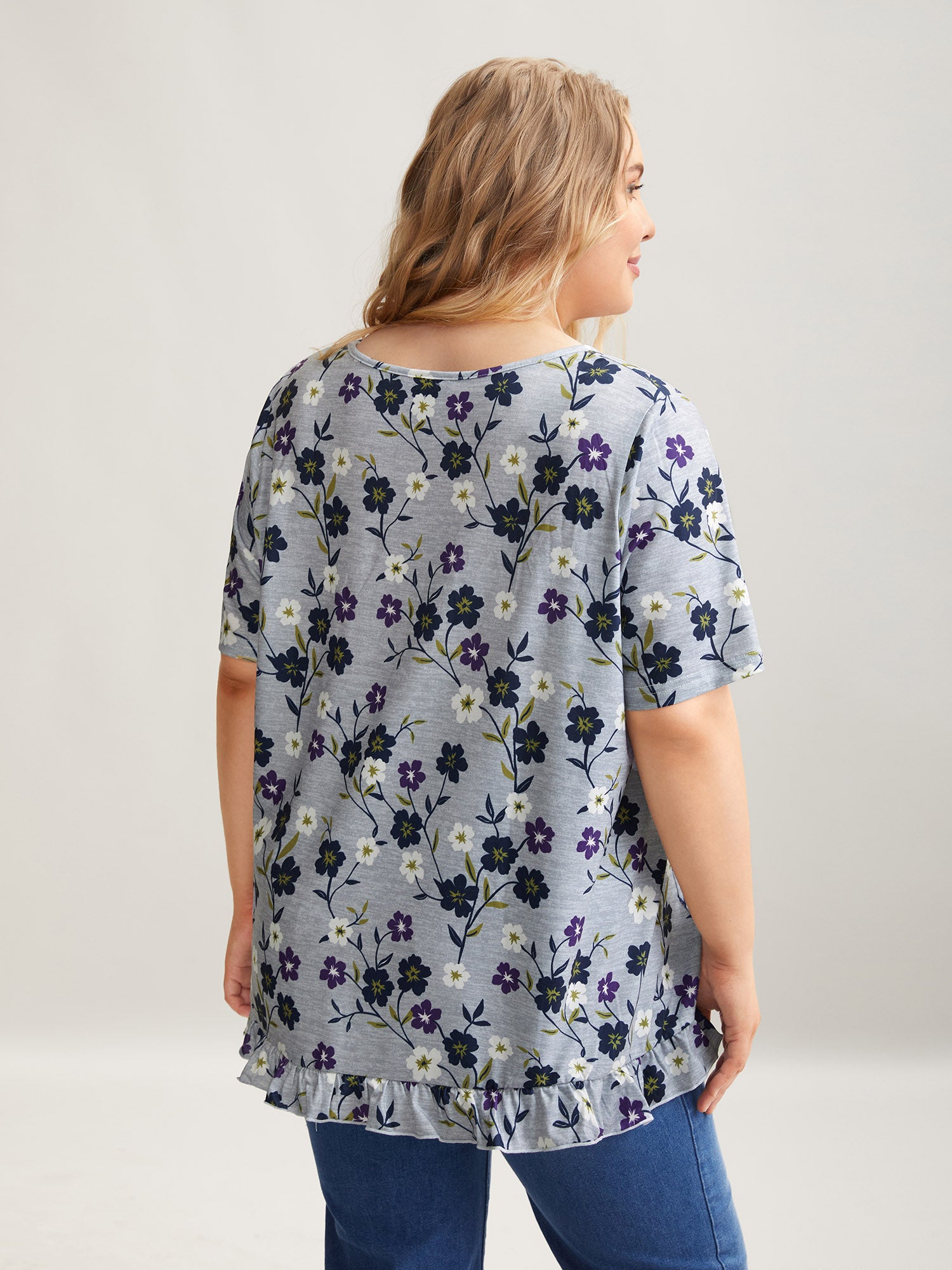 Floral Print Frill Trim Knit Top