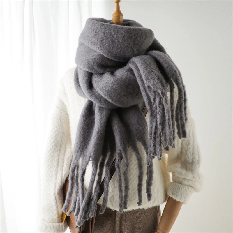 Mohair Scarf Pure Color All-matching Winter Warm Lengthened Fringe Bib Scarf Men's And Women's European And American Export Thick Scarf