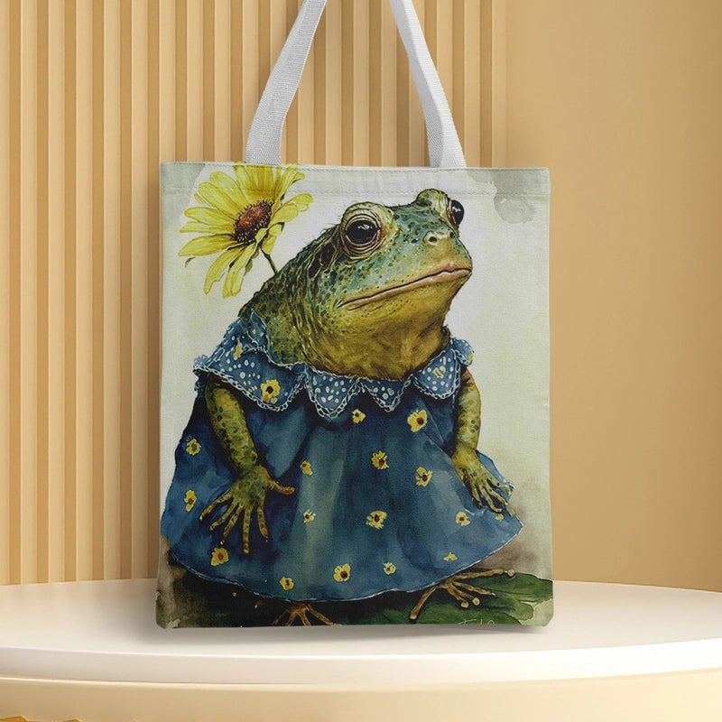 Women's Medium Canvas Frog Basic Classic Style Square Open Canvas Bag