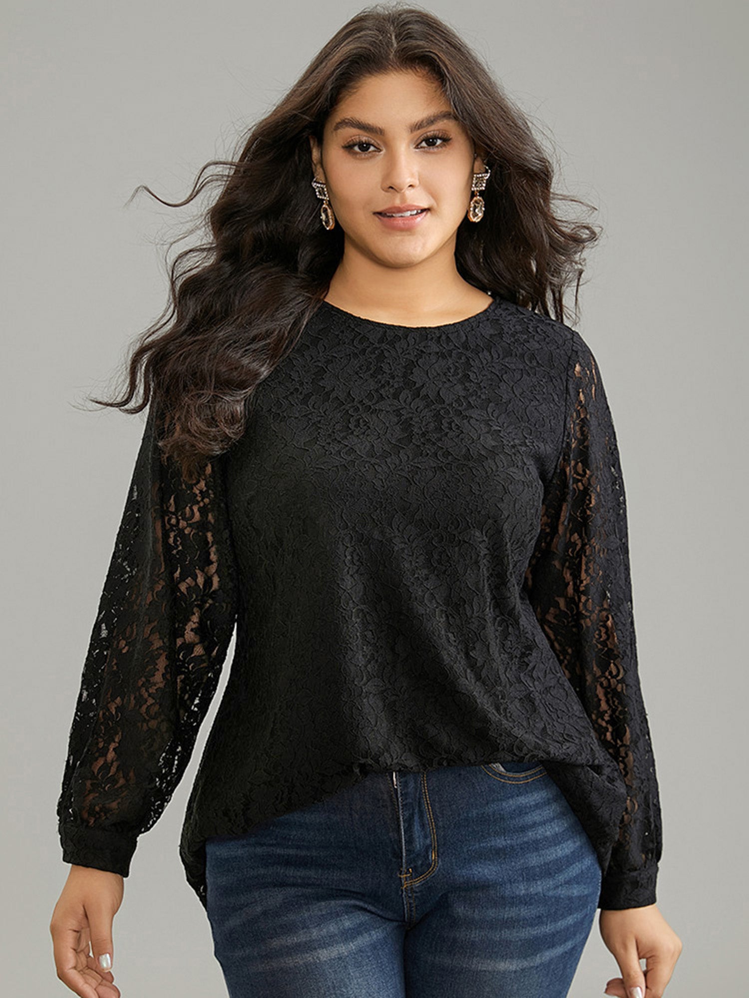 Solid Crochet Lace Mesh Crew Neck Blouse