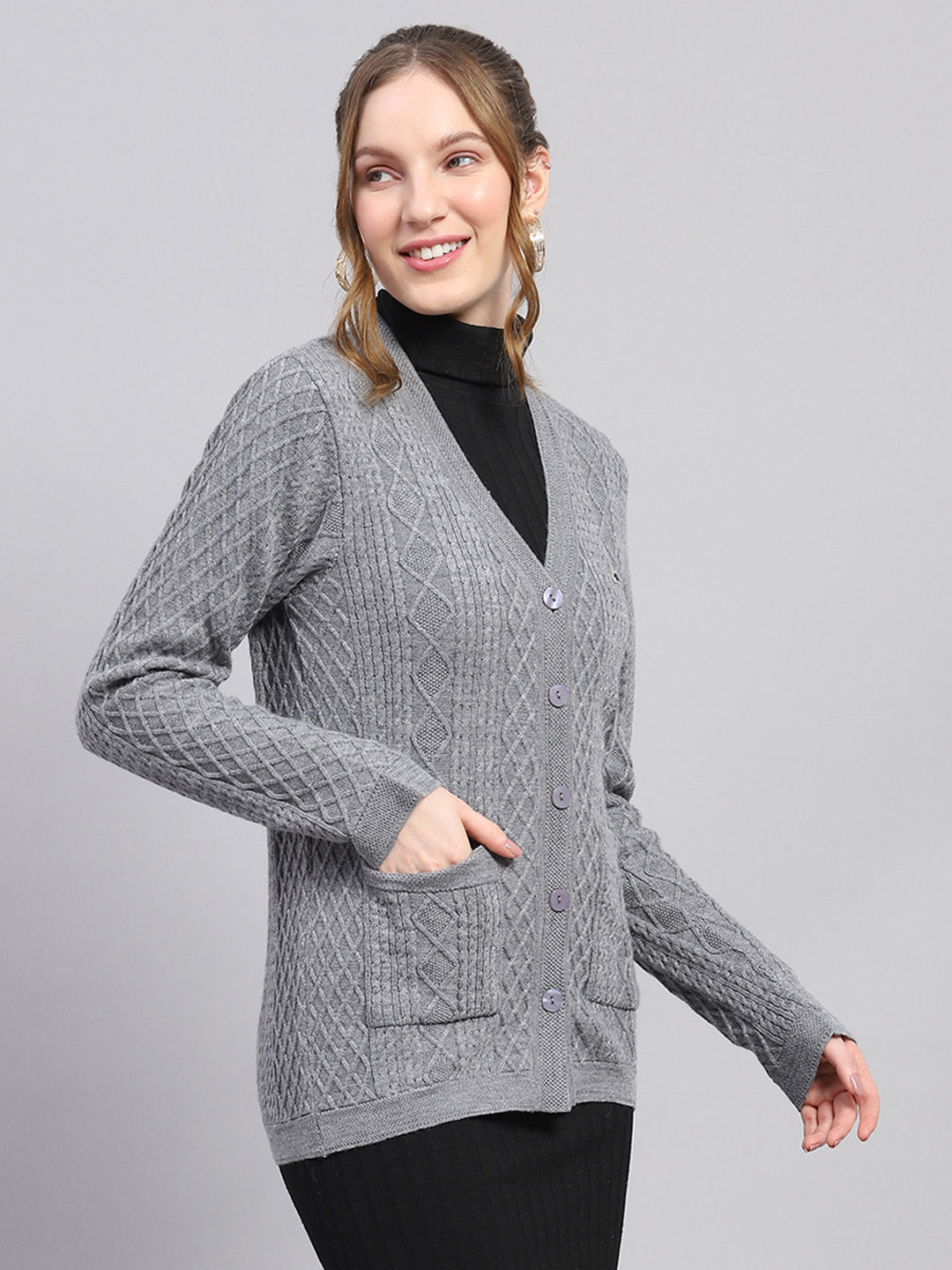 Women Grey Self Design V Neck Full Sleeve Cardigan