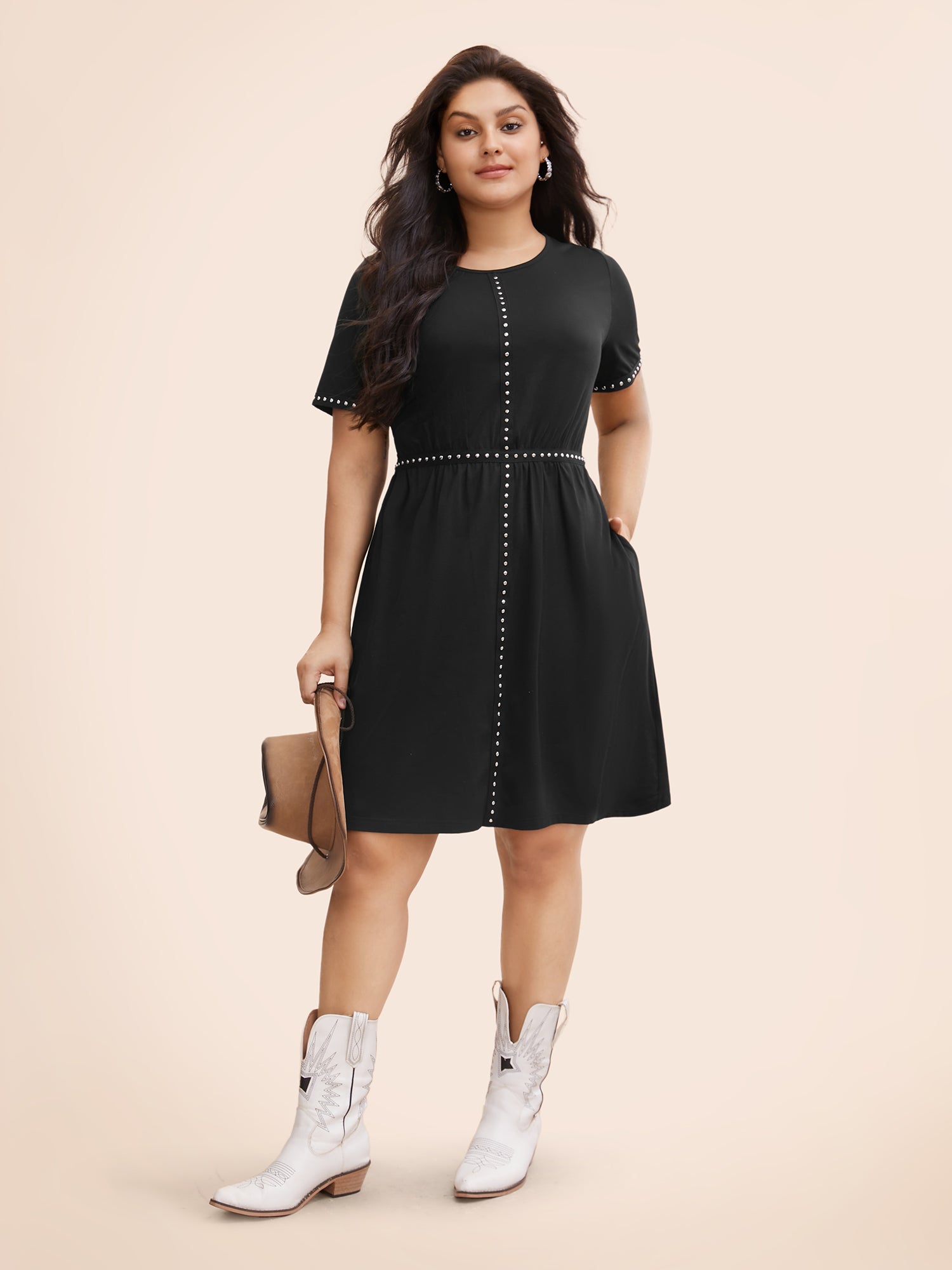 Stud Woven Pockets Midi Dress