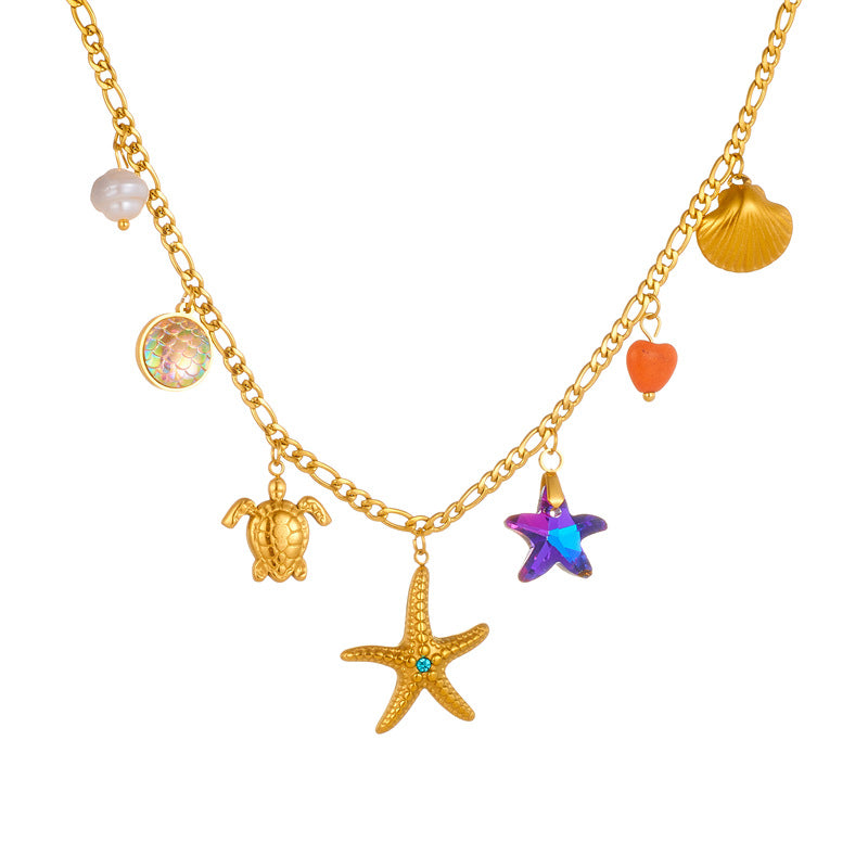 Fashionable Colorful Fish Scale Design Marine Animal Starfish Diamond Turtle Shell Pendant Stainless Steel Necklace