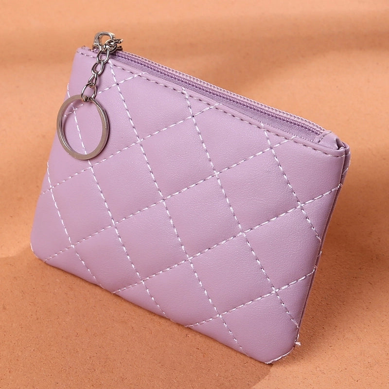 Coin Purse Women's Diamond Embroidered PU Short Mini Zipper Small Purse Solid Color Coin Card Storage Bag