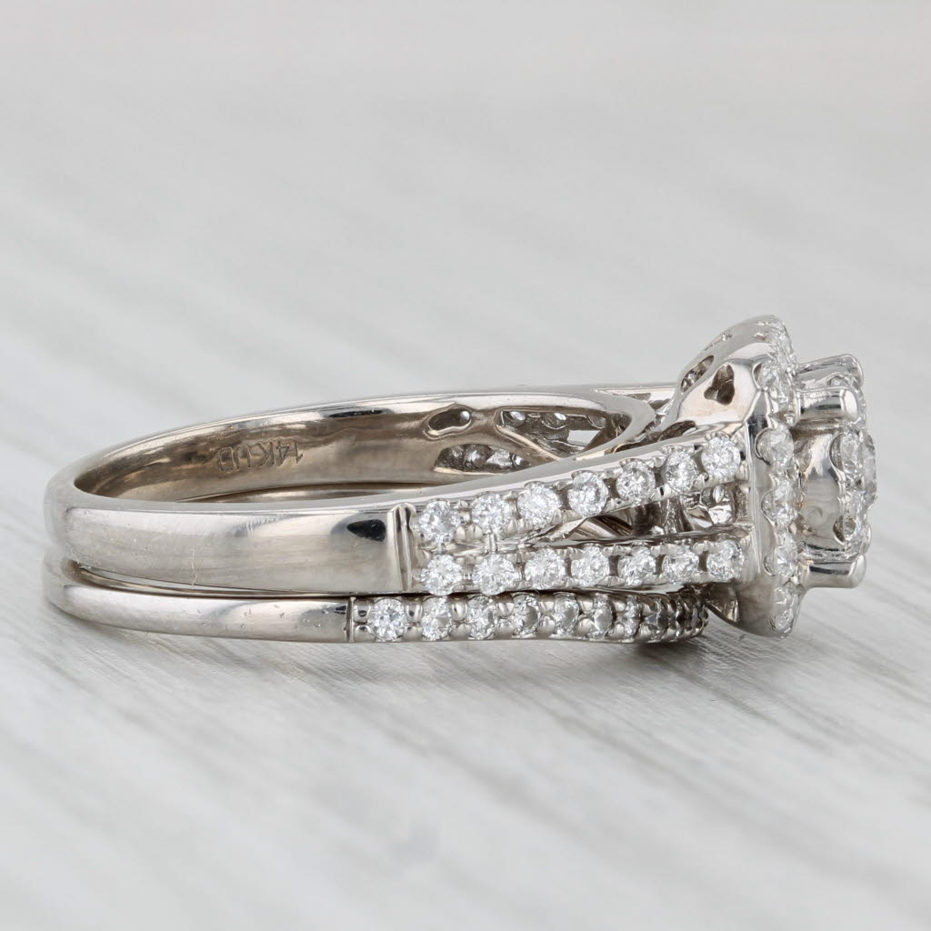 0.85ctw Diamond Halo Engagement Ring Wedding Band Bridal Set 14k White Gold Sz 6