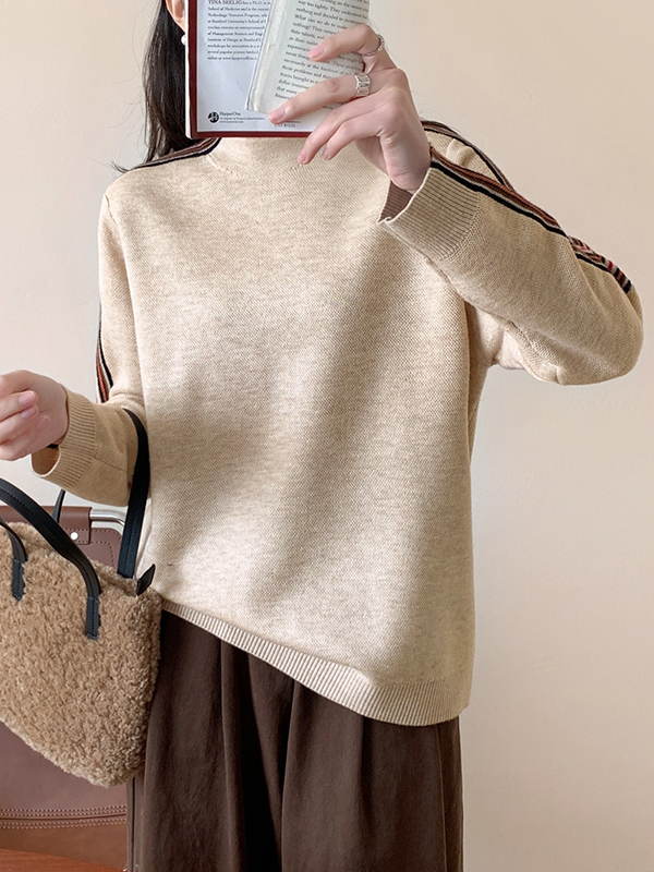 Long Sleeves Loose Contrast Color Striped Mock Neck Pullovers Sweater Tops