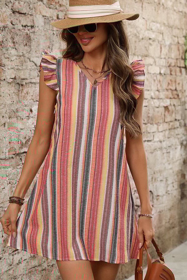 Colorful Stripe Ruffle Sleeve Mini Dress