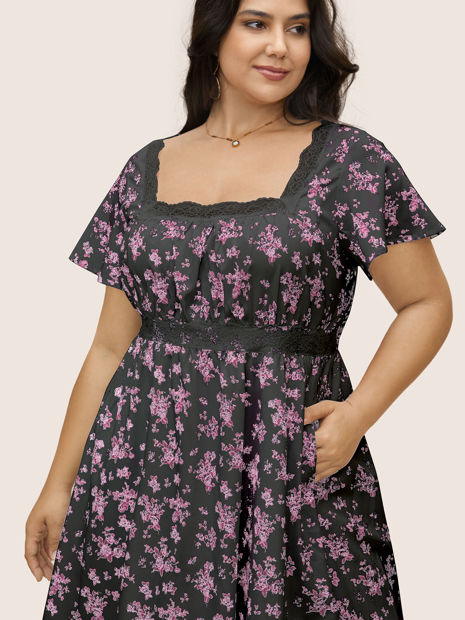 Square Neck Lace Panel Pocket Dress