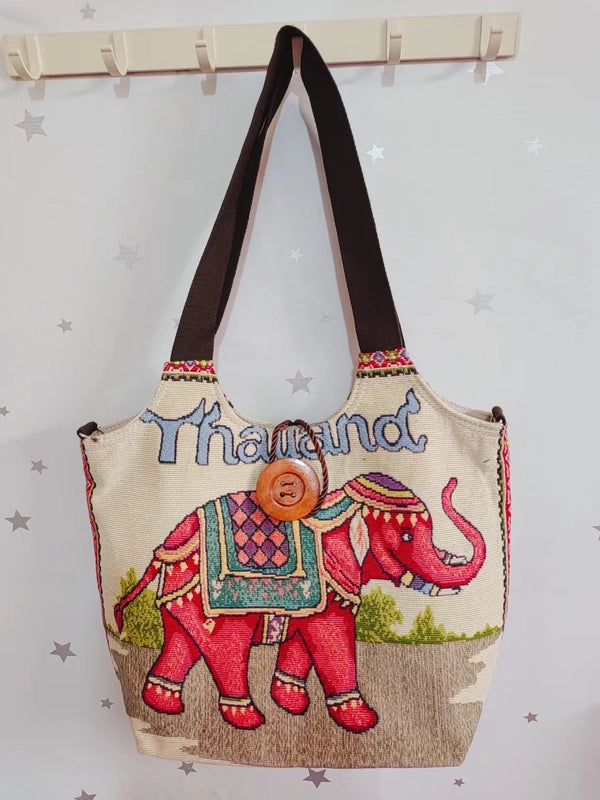 Women's Large Canvas Elephant Ethnic Style Square Zipper Shoulder Bag