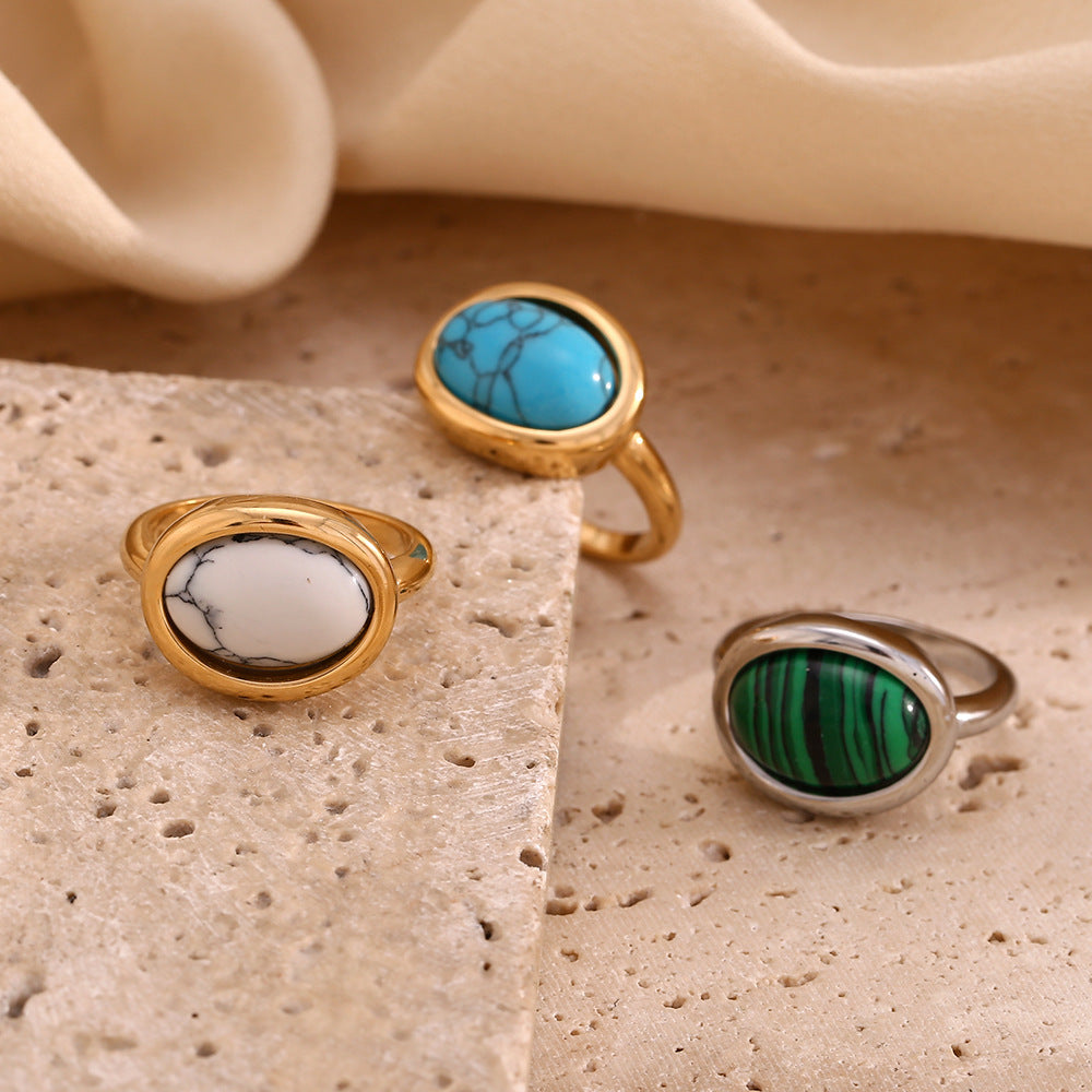 Fashion Niche Retro Personality Hand Jewelry Stainless Steel Plated 18K Gold Simple Natural Stone Gemstone Ring