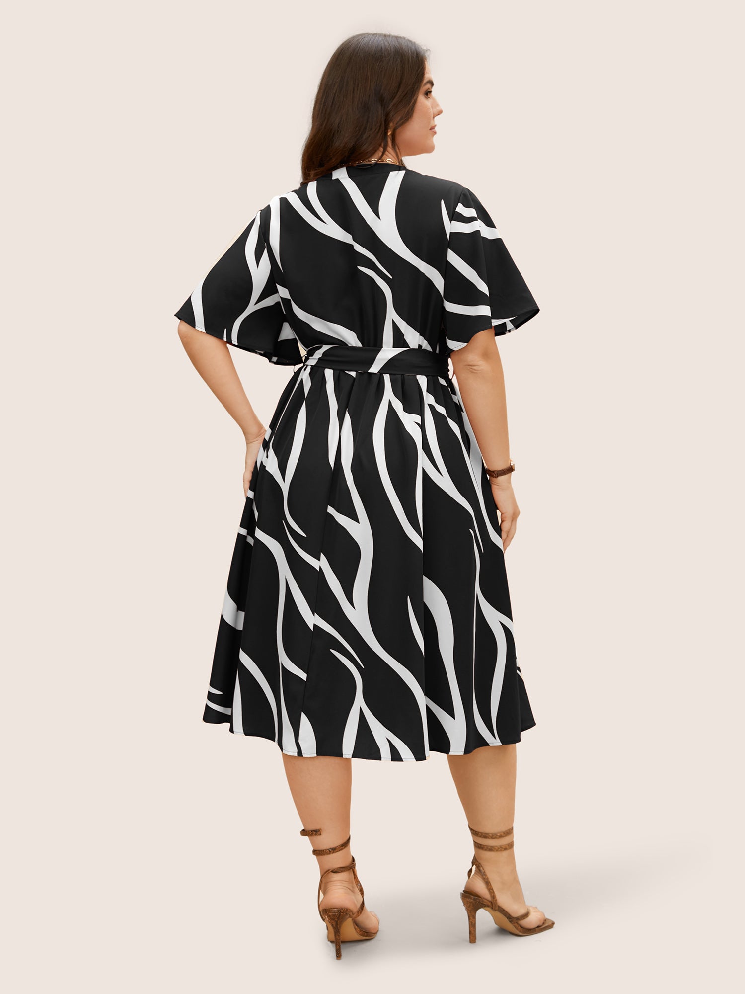 Geometric Surplice Neck Tie Knot Midi Dress