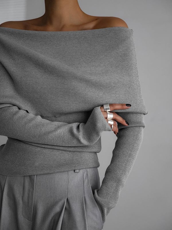 Long Sleeves Loose Solid Color Off-The-Shoulder Pullovers Sweater Tops