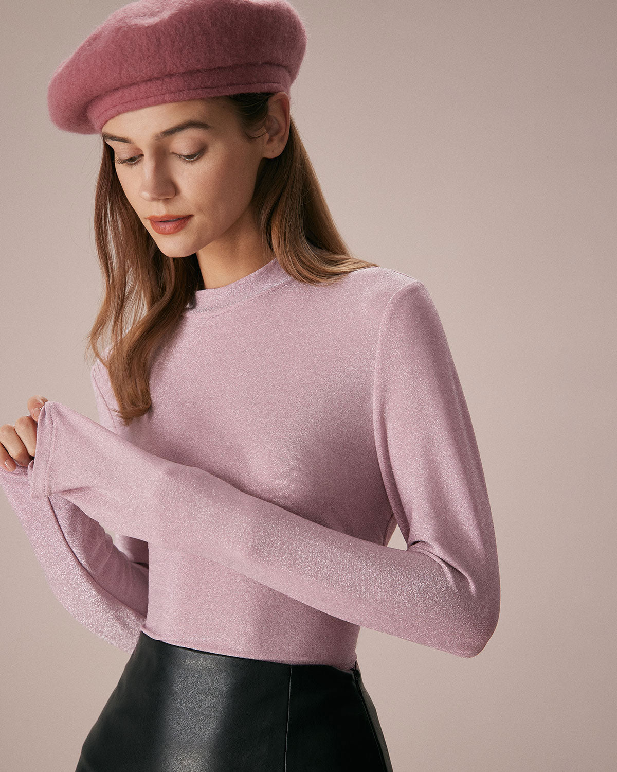 The Pink Mock Neck Long Sleeve Lurex Tee