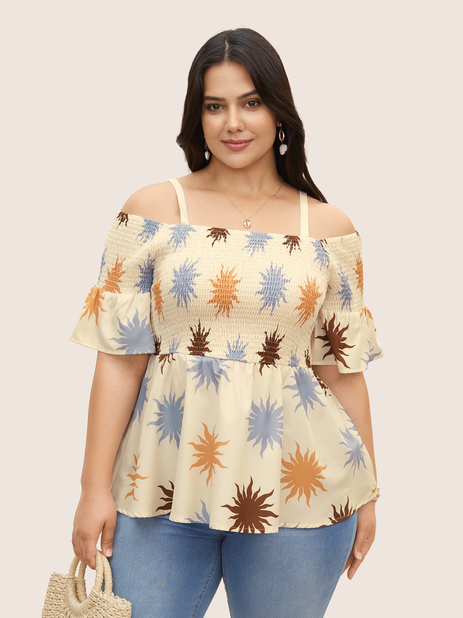 One Shoulder Sun Print Ruffle Sleeve Blouse