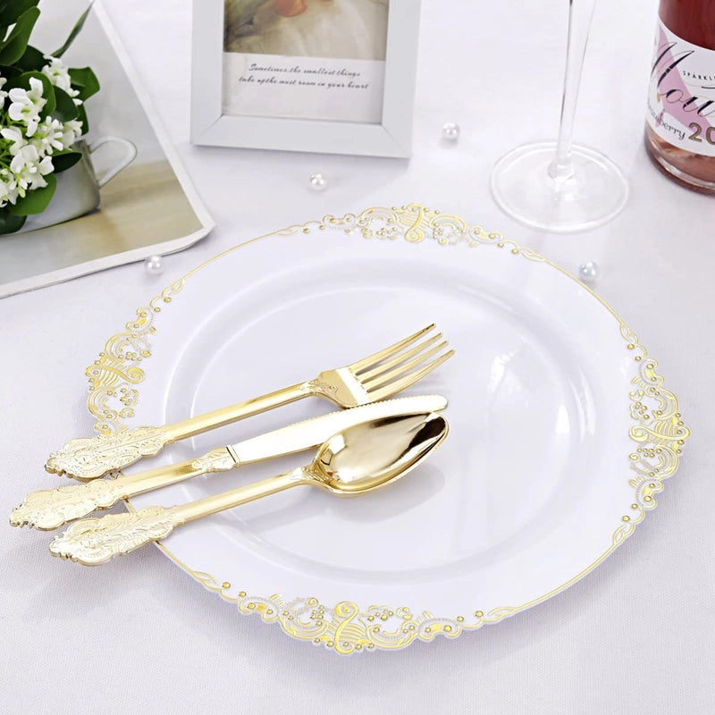 Disposable Tableware Dragon Pattern White Golden Edge Relief Plate Wine Glass Knife. Fork And Spoon PS Hard Plastic Gold Air-Laid Paper Suit