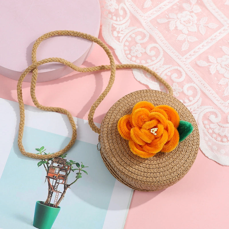 Women's Small Straw Solid Color Flower Vacation Beach Weave Round Zipper Straw Bag