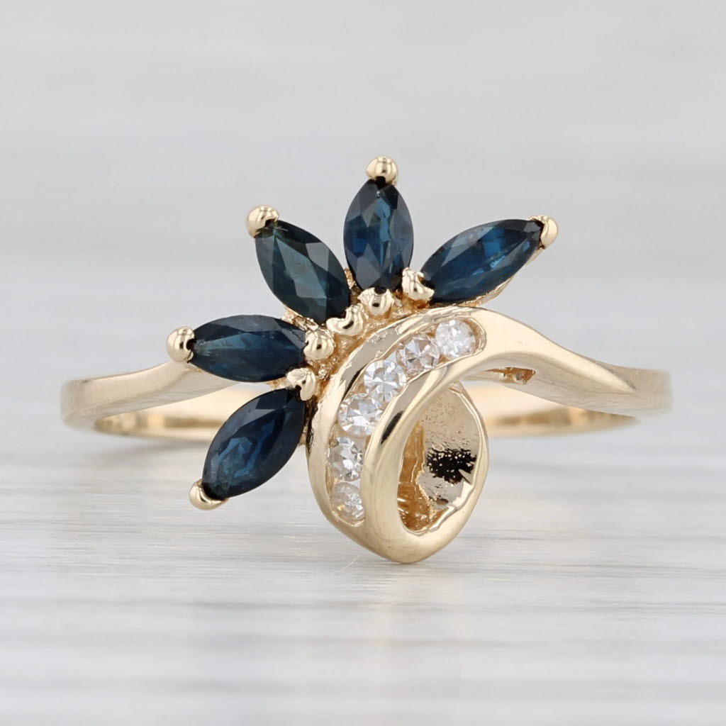 0.56ctw Blue Sapphire Diamond Flower Ring 14k Yellow Gold Size 8