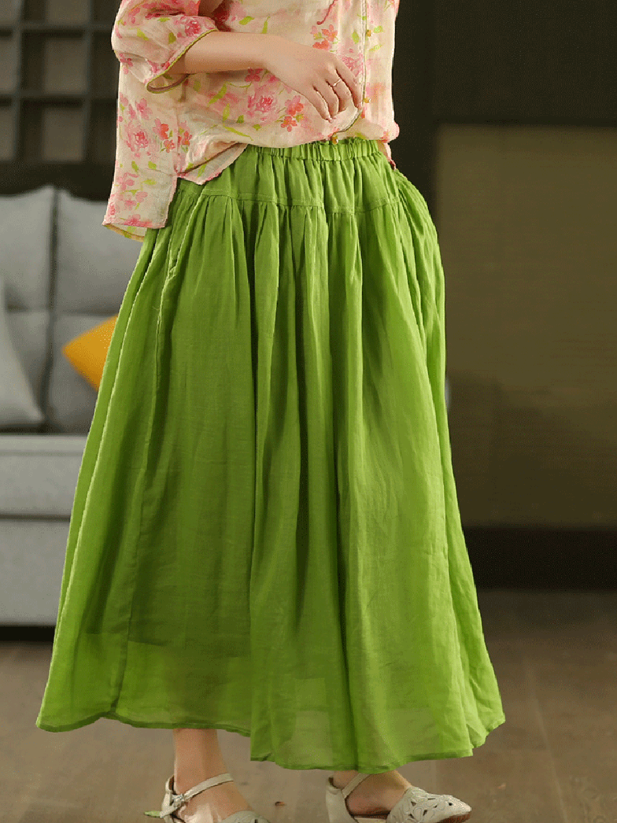 Women Summer Pure Color Spliced 100%Ramie Skirt