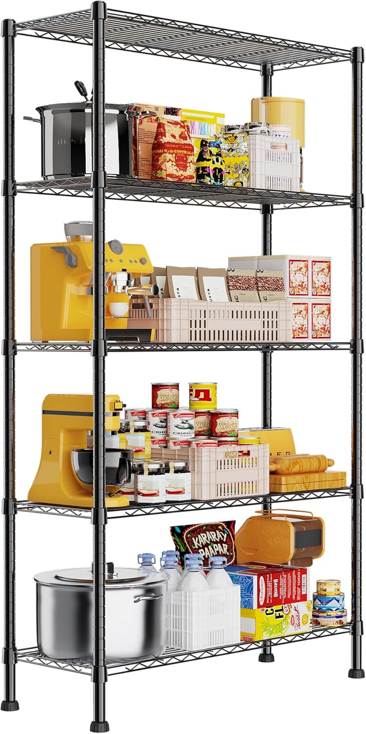 REGILLER 5-Wire Shelving Metal Storage Rack Adjustable Shelves,Standing Storage Shelf Units for Laundry Bathroom Kitchen Pantry Closet(Black,11.8