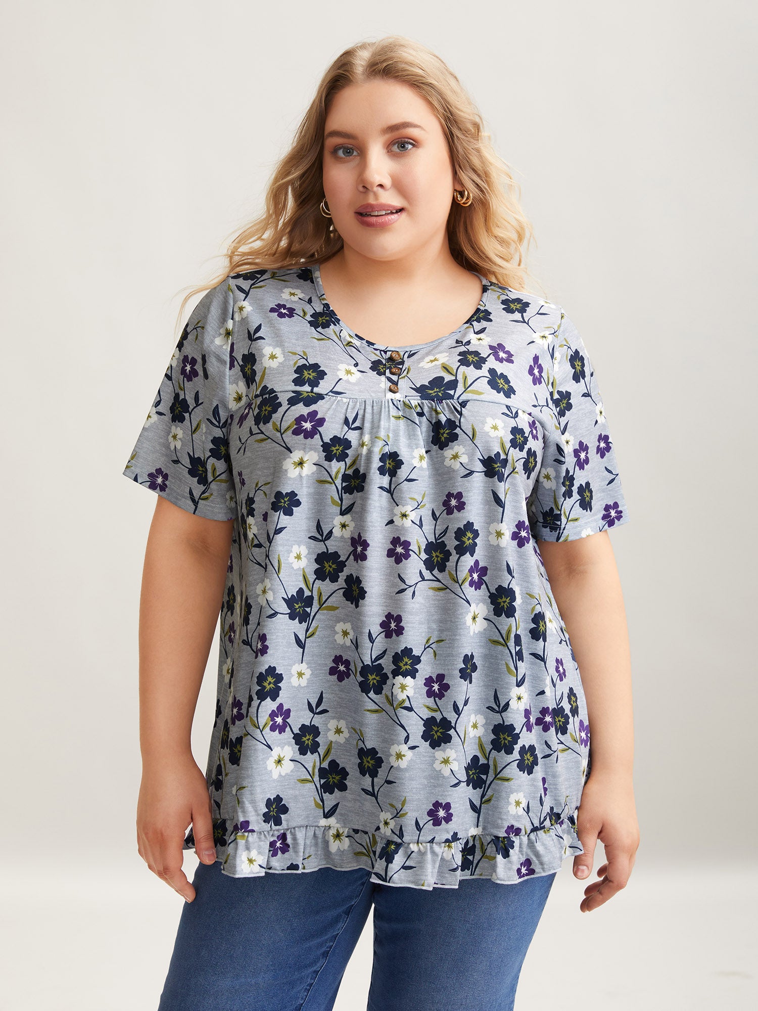 Floral Print Frill Trim Knit Top