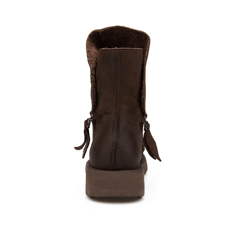 Leather Zip Boots Retro Riding Boots Women Chunky Wrinkled Ankle Boots Black/Coffee
