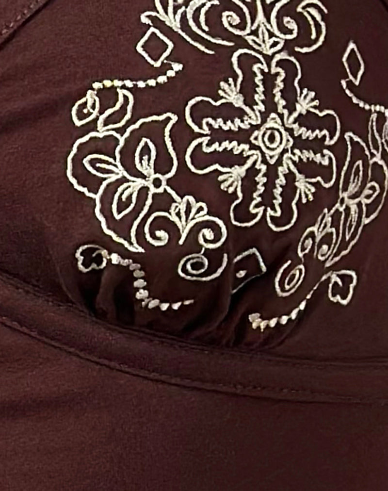 Mione Top in Bitter Chocolate with Floral Embroidery