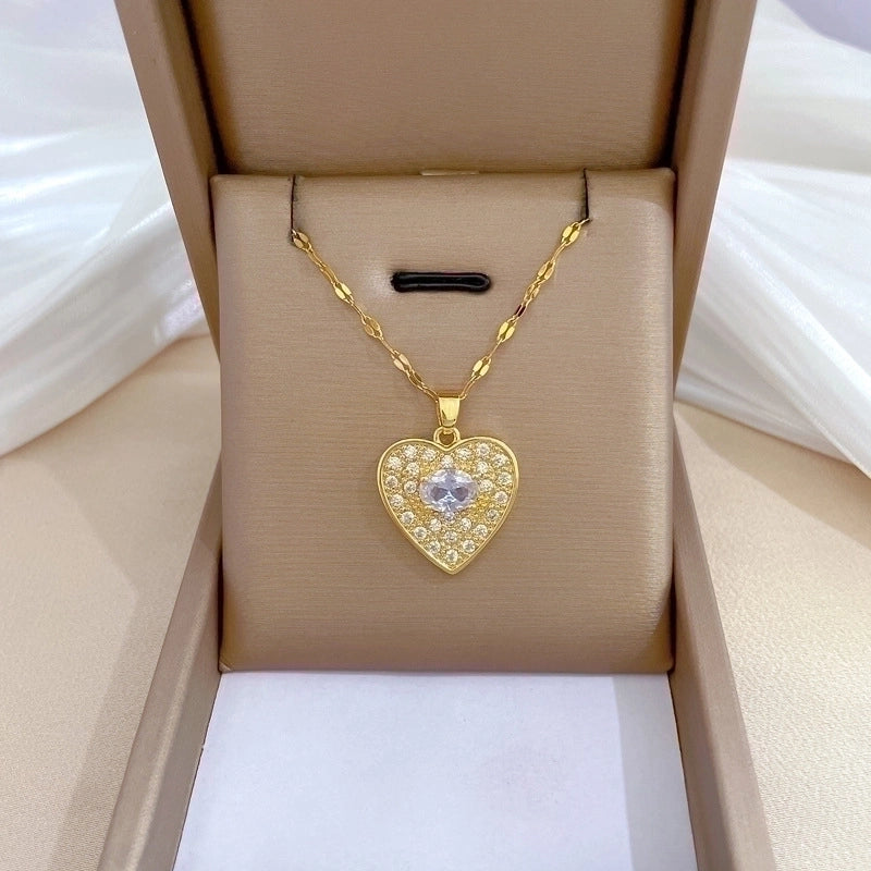 2 Pieces Minimalist Classic Style Geometric Heart Shape Titanium Steel Copper Zircon Pendant Necklace In Bulk