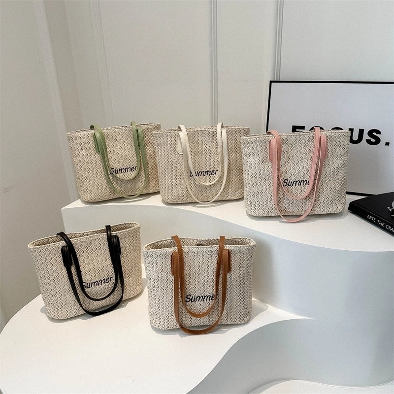 Women's Medium Straw Letter Vacation Beach Weave Zipper Straw Bag